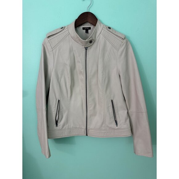 APT. 9 Womens Faux Leather Moto Jacket L Beige Quilted Shoulder Detail - Picture 1 of 10